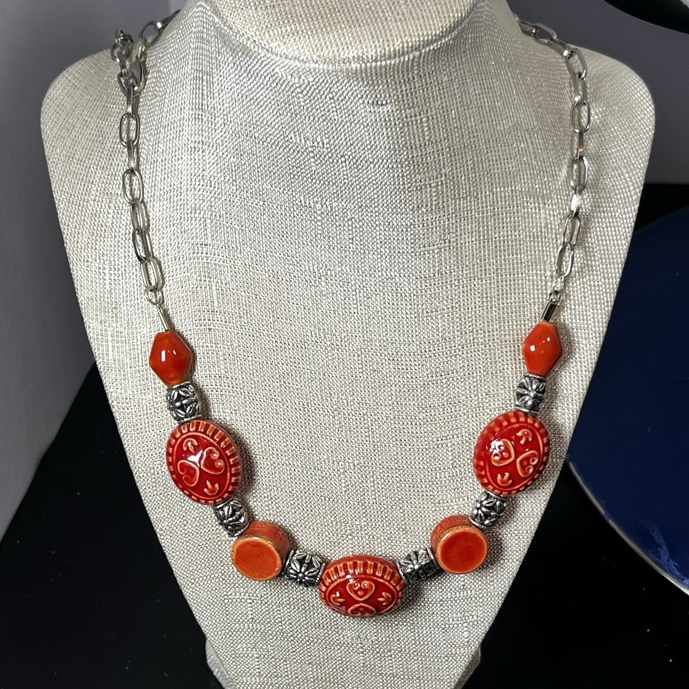 Vintage Carved Coral Necklace W/ Silver Tone Chain
